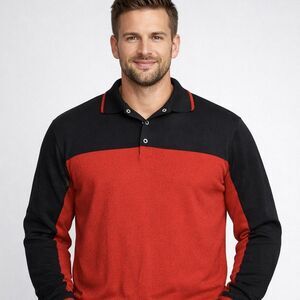 RNT23 (Ron Tomson) Mens XL Red/Black Colorblock Knit Polo Sweater Long Sleeve